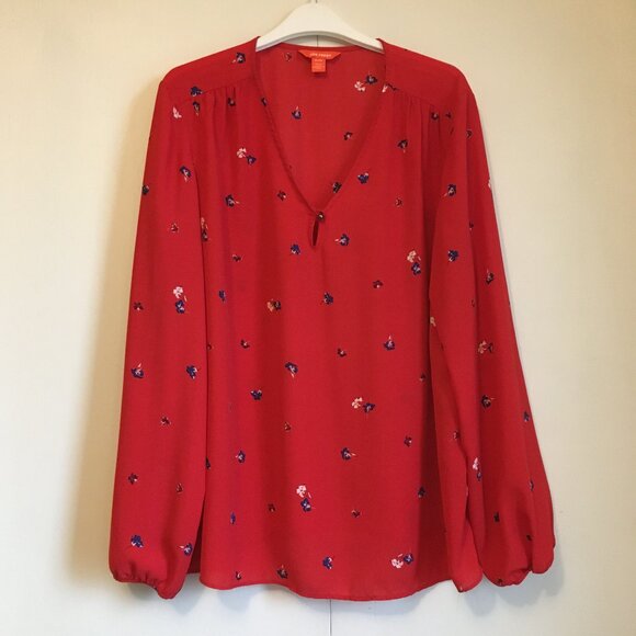 Joe Fresh Tops - Joe Fresh Poppy Red Sheer Floral Blouse Peasant Sleeve V-Neck XL